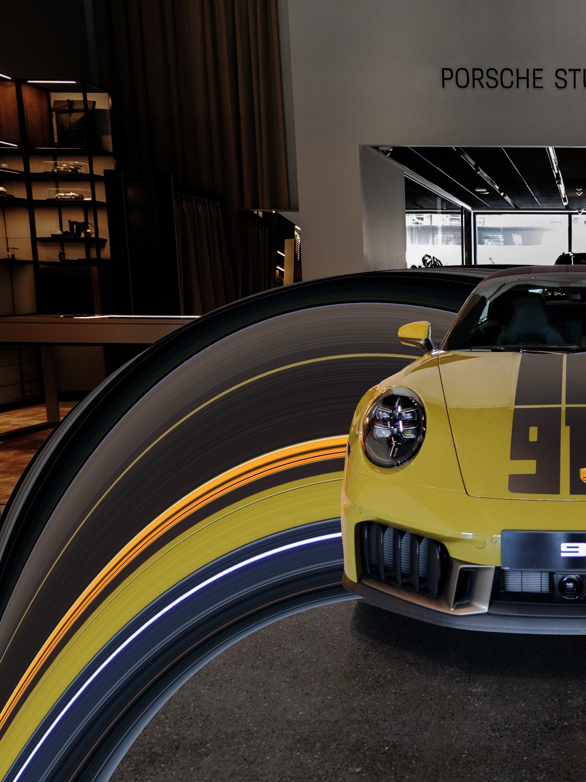 Retro stripe installation around a yellow 911, 2