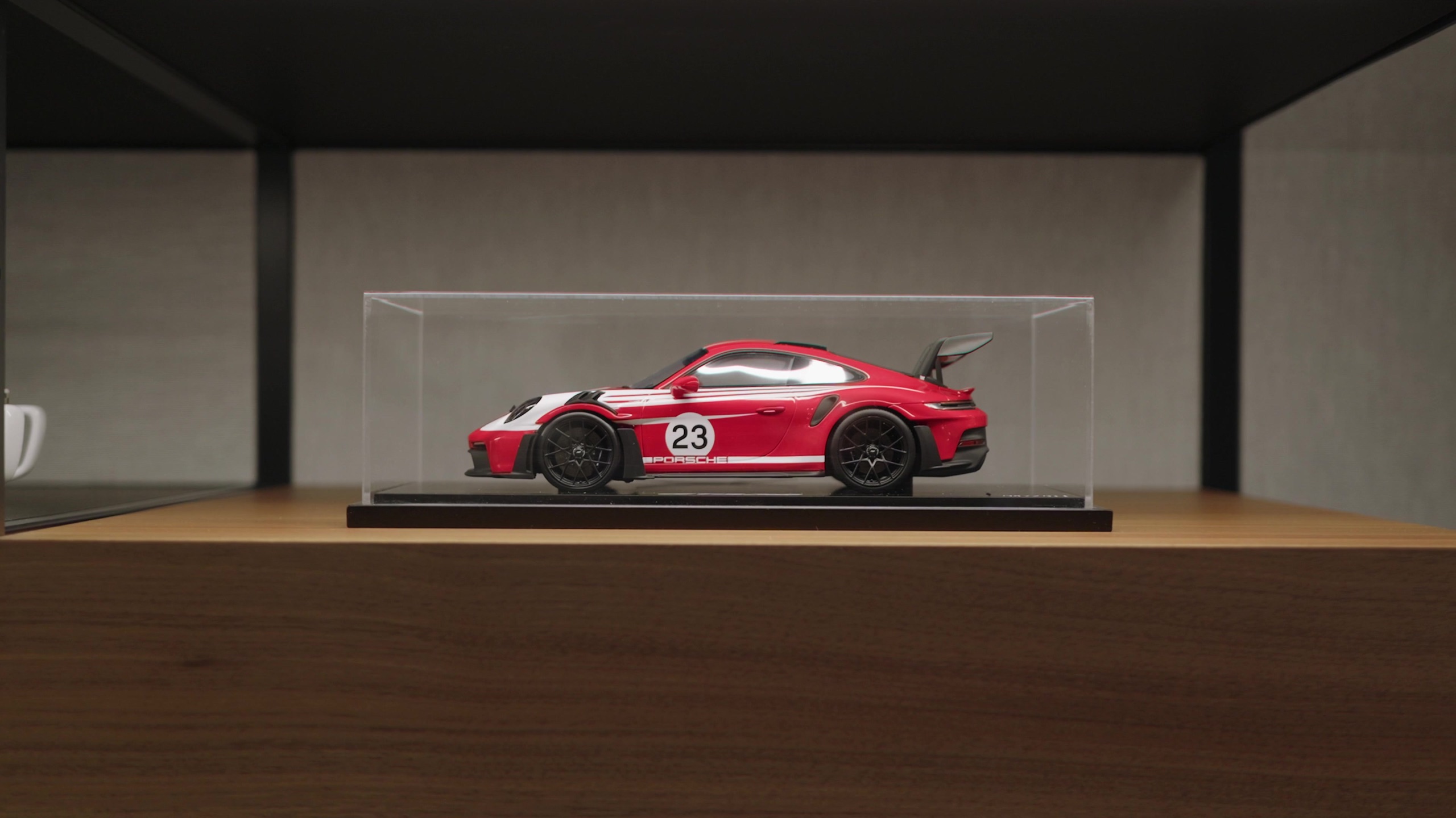 Scale model in a backlit display case