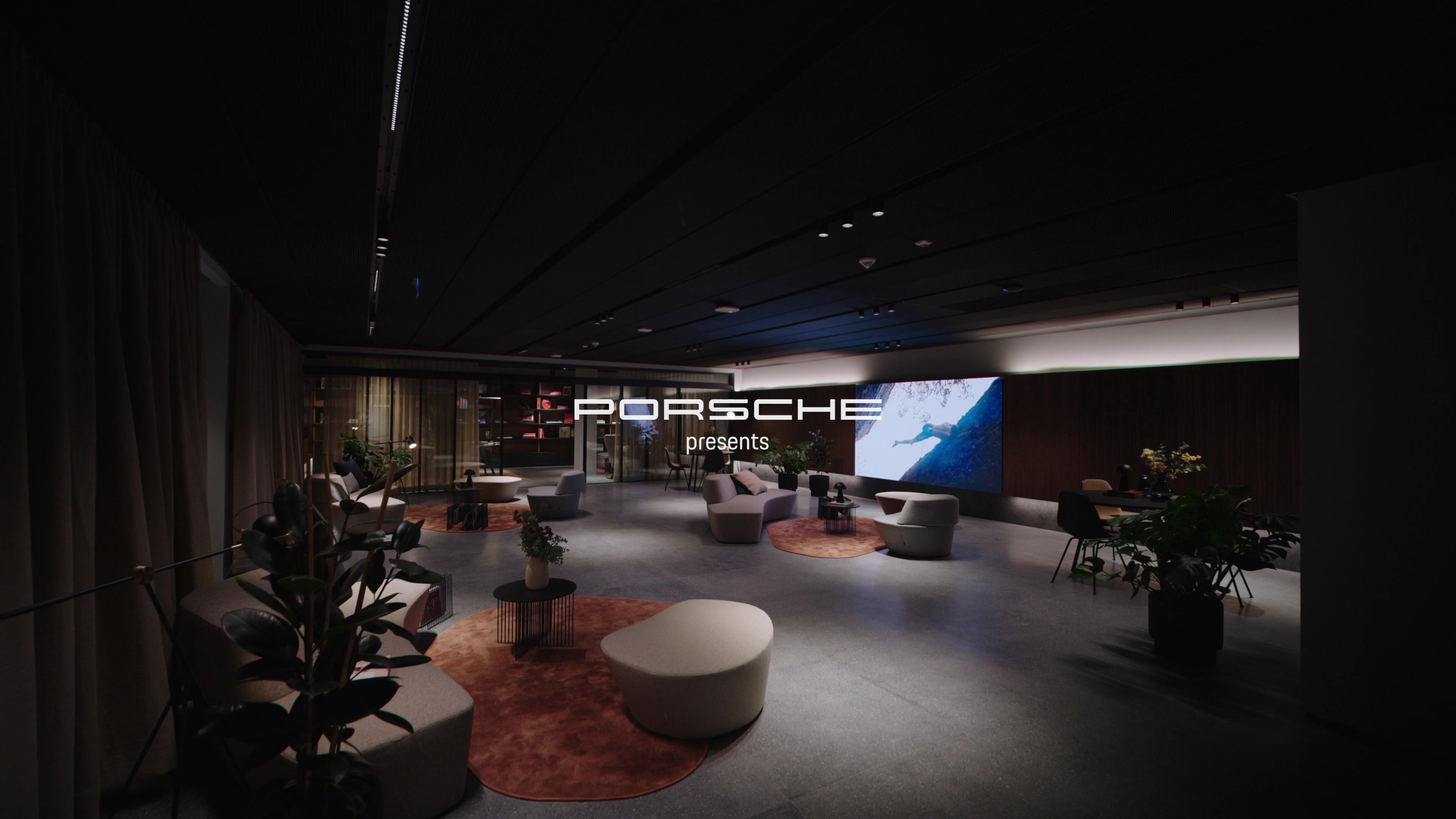 The lounge at Porsche Studio Istanbul, lit for the evening