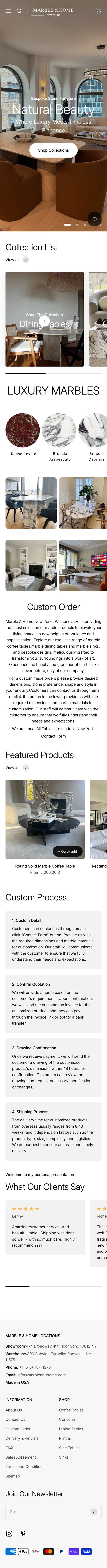 Marble and Home website, mobile full page